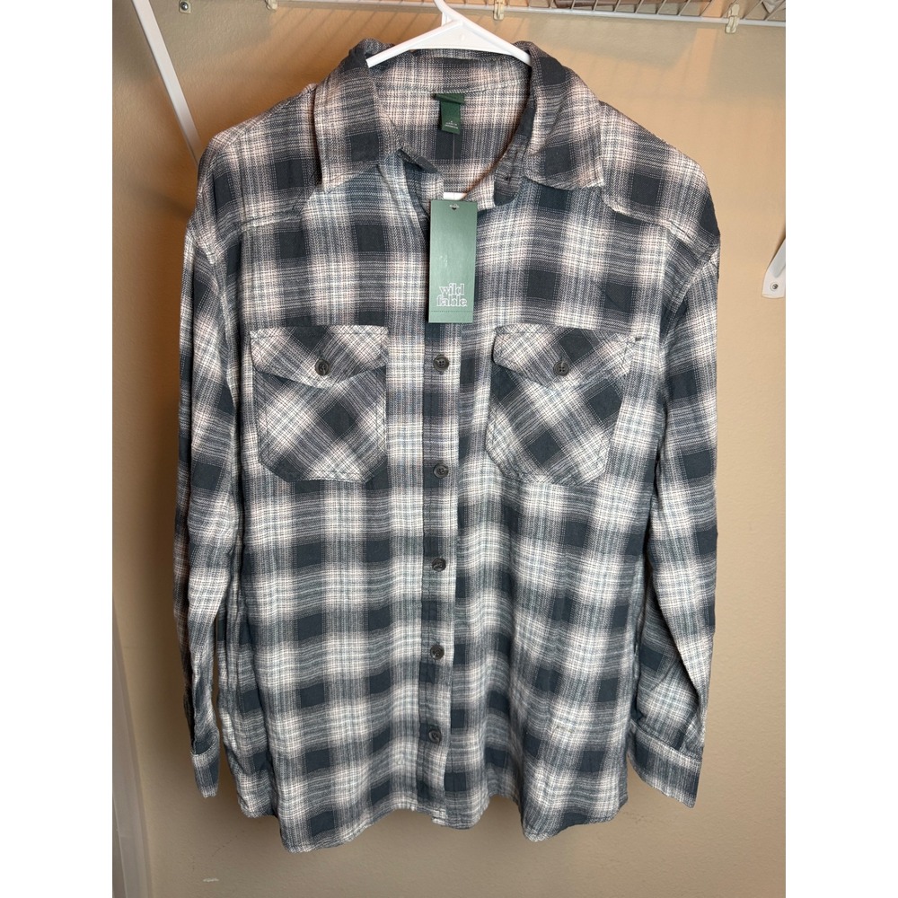 Wild Fable Womens Black White Plaid Flannel Button Down Shirt Long Sleeve NWT L